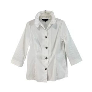 Ming Wang Top Small White Ruffle Poplin Collar 3/4 Sleeves Button Down Lagenlook